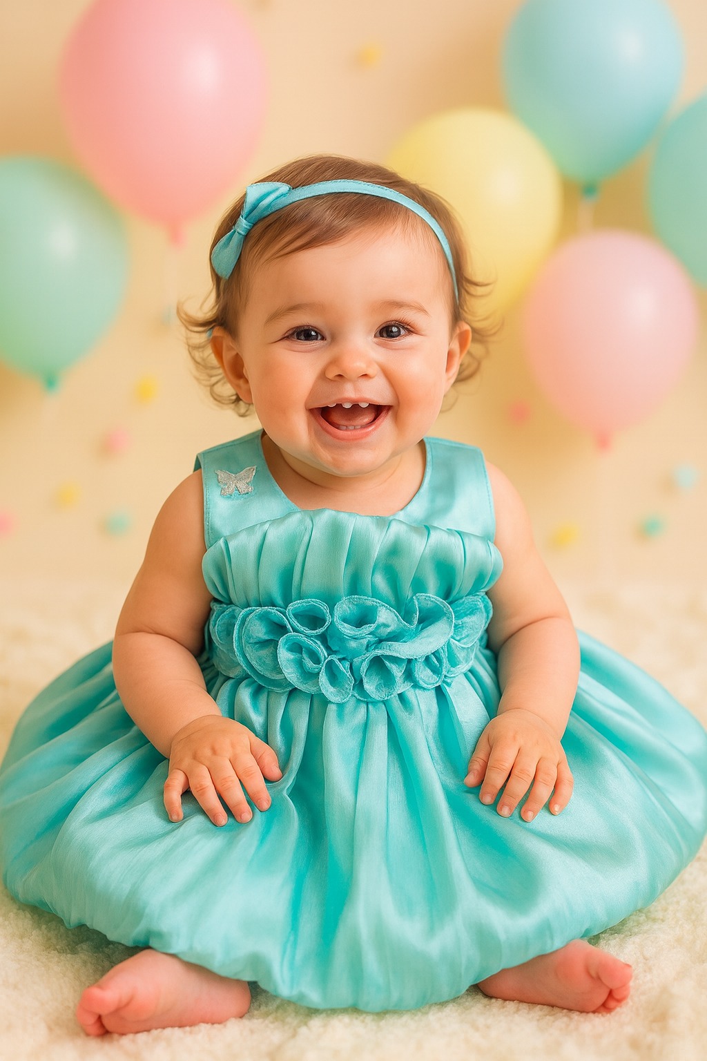 DeeVee Creations New Elegant Satin Baby Girl Special Occasion Dress with Floral Rosette Waistline, Gold Butterfly Accent & Voluminous Pleated frock