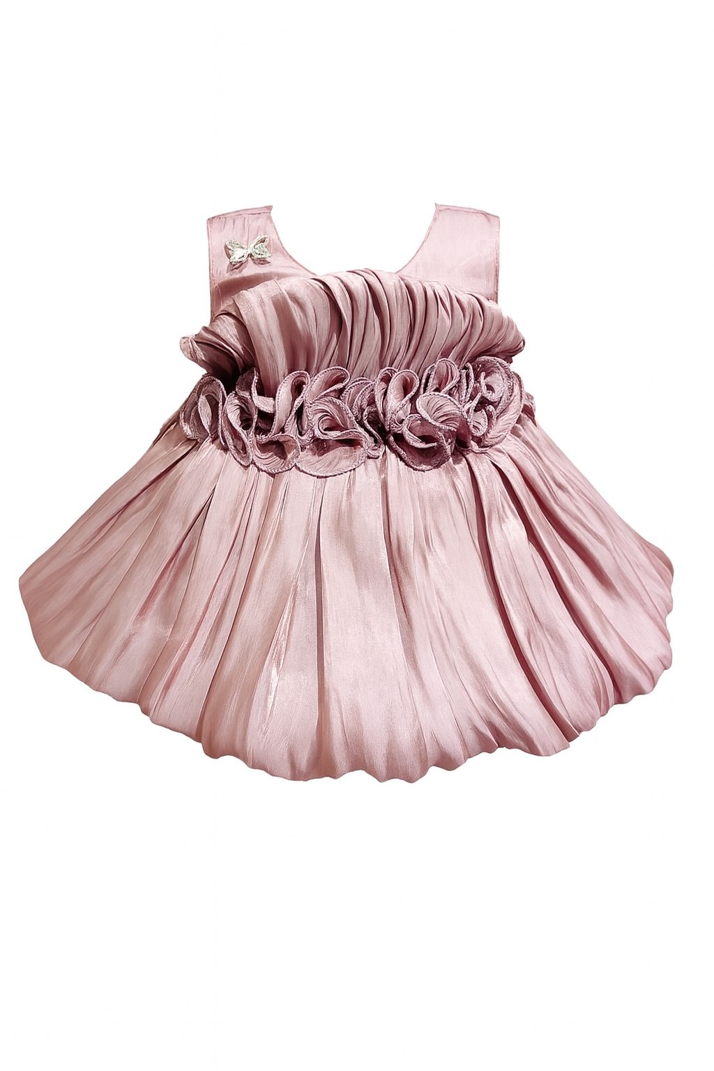 DeeVee Creations New Elegant Satin Baby Girl Special Occasion Dress with Floral Rosette Waistline, Gold Butterfly Accent & Voluminous Pleated frock - Image 4